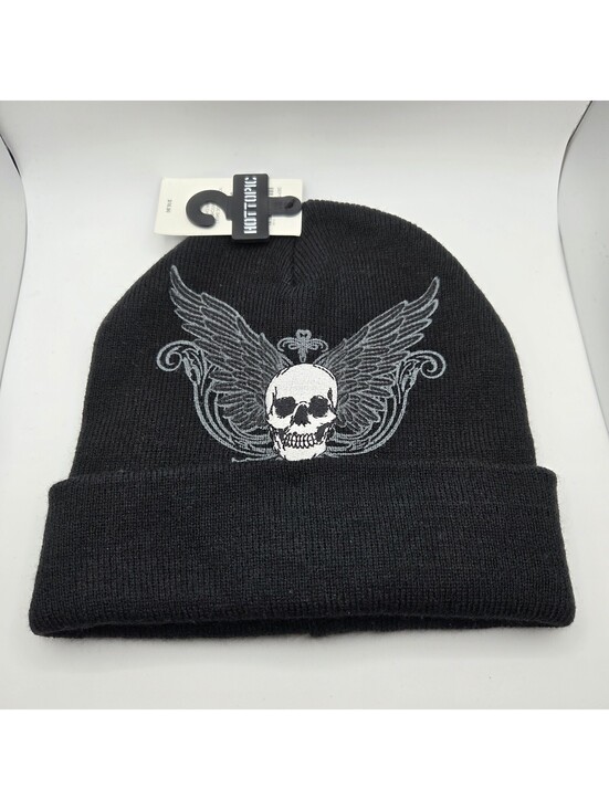 Hot Topic Other - Hot Topic Beanie Y2K Grunge Skull Wings Cross Black Punk NWT